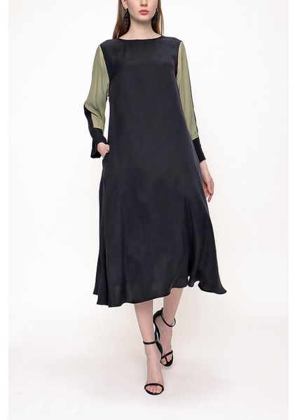 Haki Siyah Kontrast detaylı midi elbise 93721 indirimleri