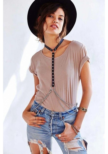 Zımba ve Zincir Detaylı Boyundan Askılı Deri Harness - APFT840