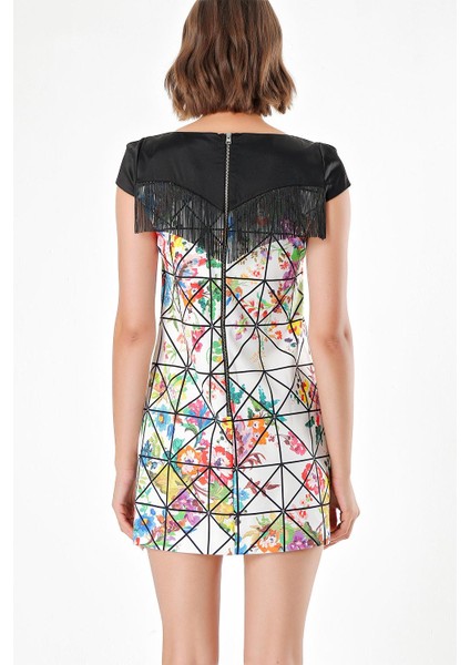 Çiçekler Ve Geometrik PÜSKÜL DETAYLI DESENLİ ELBİSE 91568 fırsatları