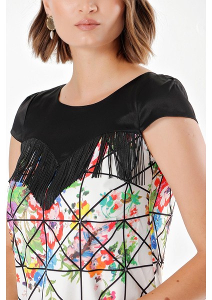 Çiçekler Ve Geometrik PÜSKÜL DETAYLI DESENLİ ELBİSE 91568 indirimleri