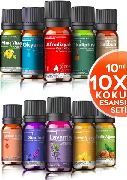 Oda Kokusu Seti 10'lu Esansiyel Uçucu Yağ Buhurdanlık Yağı Difüzör Esansı Aromaterapi Ortam Kokusu 10X10=100 ml fiyatları