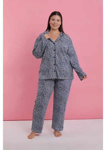 Moda Kadın Büyük Beden Mavi Leopar Desenli Düğmeli Pijama Takımı fiyatları