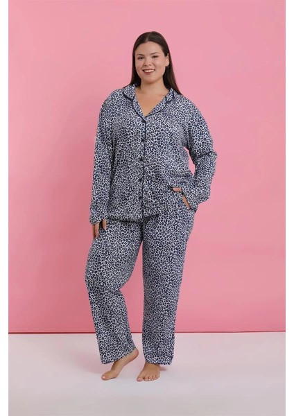 Moda Kadın Büyük Beden Mavi Leopar Desenli Düğmeli Pijama Takımı fırsatları