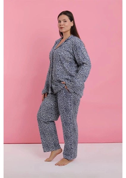Moda Kadın Büyük Beden Mavi Leopar Desenli Düğmeli Pijama Takımı indirimleri