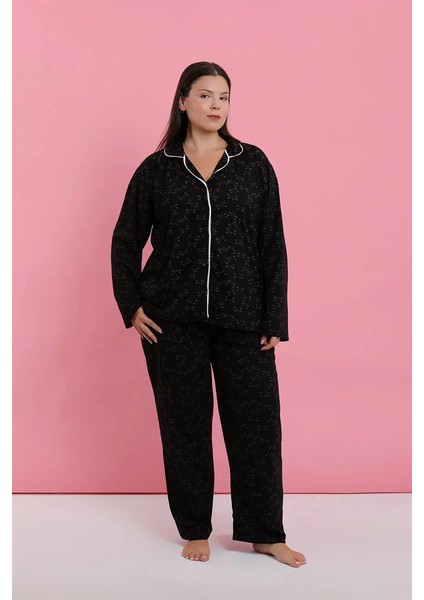 Moda Kadın Büyük Beden Siyah Kırmızı Çiçekli Düğmeli Pijama Takımı