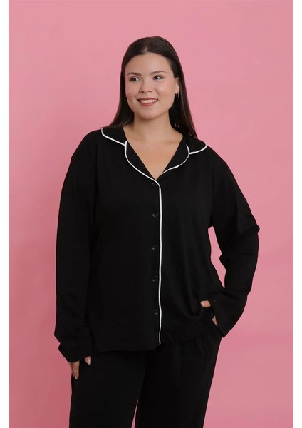 Moda Kadın Büyük Beden Siyah Düğmeli Pijama Takımı fiyatları