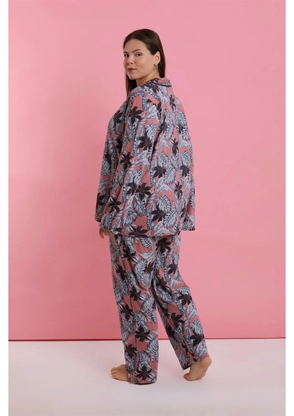 Moda Kadın Büyük Beden Somon Yaprak Desenli Düğmeli Pijama Takımı fırsatları