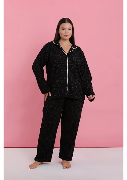 Moda Kadın Büyük Beden Siyah Beyaz Biyeli Desenli Düğmeli Pijama Takımı modelleri
