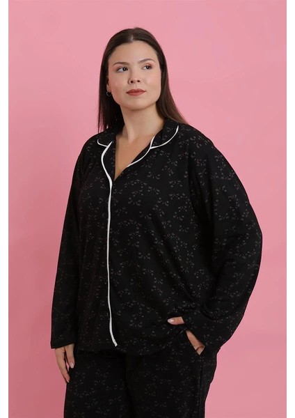 Moda Kadın Büyük Beden Siyah Beyaz Biyeli Desenli Düğmeli Pijama Takımı indirimleri