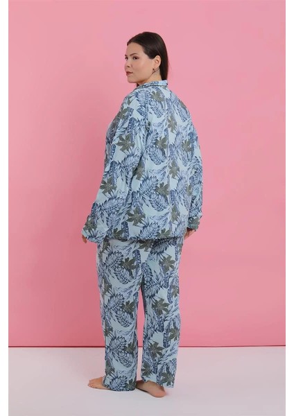 Moda Kadın Büyük Beden Mavi Tropikal Desenli Düğmeli Pijama Takımı indirimleri
