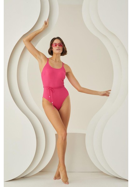 Özel Tasarım Bel Ip Detay Fitilli Fuşya Mayo