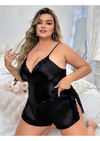 Büyük Beden Siyah Yırtmaç Dantel Işlemeli Saten Şortlu Takım fiyatları