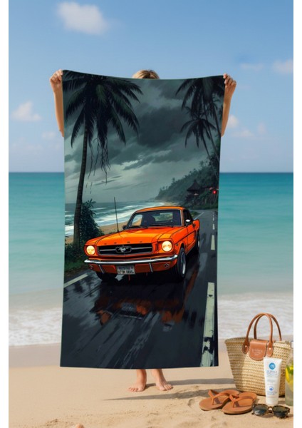 Klasik Araba Desenli Pamuk Plaj Havlusu – Desenli Tasarım – 75X150 cm fiyatları