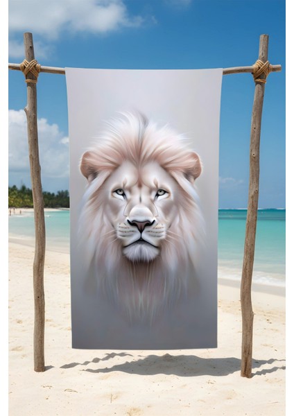 Asil Aslan Desenli Beyaz Pamuk Plaj Havlusu – Desenli Tasarım – 75X150 cm