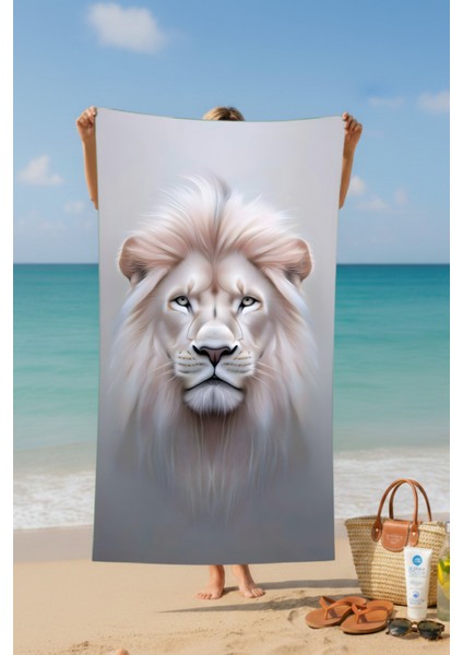 Asil Aslan Desenli Beyaz Pamuk Plaj Havlusu – Desenli Tasarım – 75X150 cm fiyatları