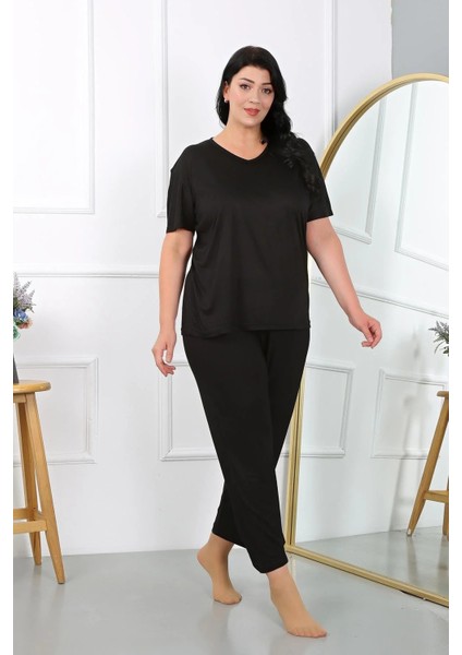 Moda Kadın Büyük Beden Kısa Kol Penye Pijama Takımı Siyah