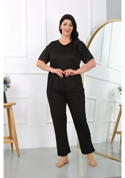 Moda Kadın Büyük Beden Kısa Kol Penye Pijama Takımı Siyah modelleri