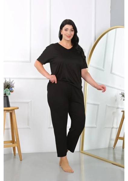 Moda Kadın Büyük Beden Kısa Kol Penye Pijama Takımı Siyah fırsatları