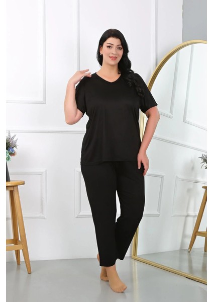 Moda Kadın Büyük Beden Kısa Kol Penye Pijama Takımı Siyah indirimleri