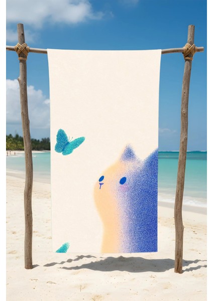 Kedi Kelebek Desenli Pamuk Plaj Havlusu – Desenli Tasarım – 75X150 cm