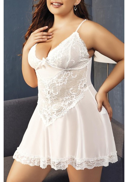 Büyük Beden Beyaz Dantel Işlemeli Ince Askılı Gecelik fiyatları
