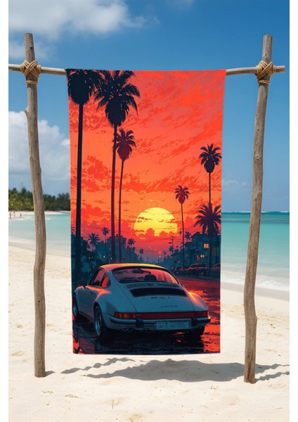 Spor Araç Desenli Pamuk Plaj Havlusu – Desenli Tasarım – 75X150 cm