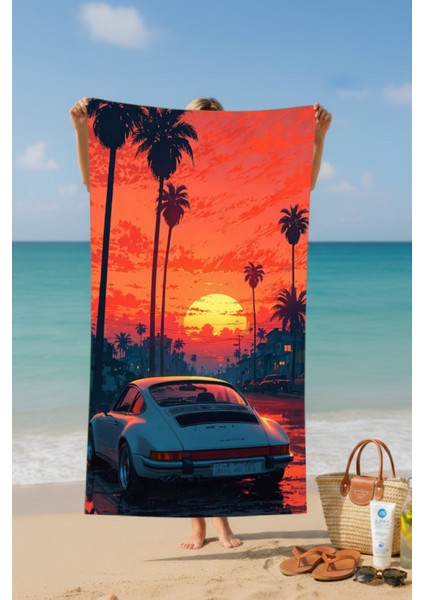 Spor Araç Desenli Pamuk Plaj Havlusu – Desenli Tasarım – 75X150 cm fiyatları