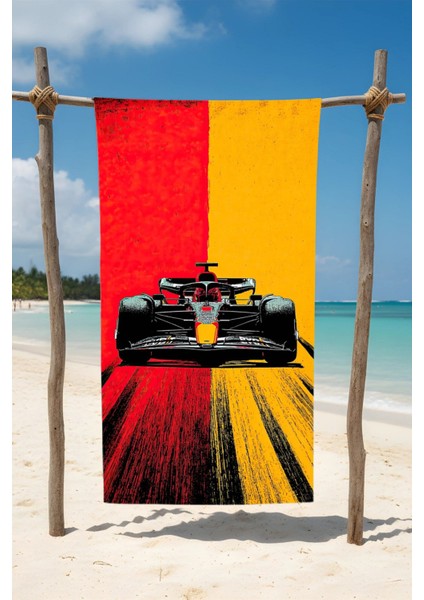 F1 Araç Desenli Pamuk Plaj Havlusu – Desenli Tasarım – 75X150 cm