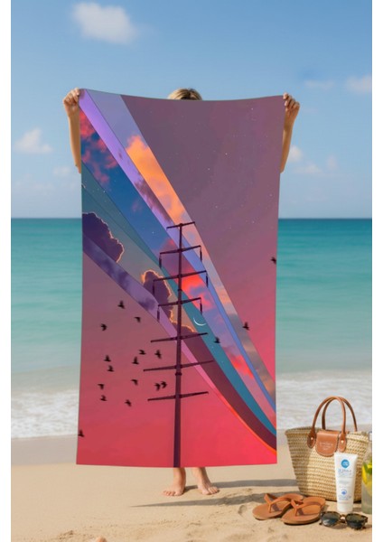 Bulut Kuşlar Günbatımı Desenli Pamuk Plaj Havlusu – Desenli Tasarım – 75X150 cm fiyatları