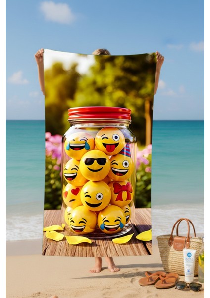 Emoji Desenli Pamuk Plaj Havlusu – Desenli Tasarım – 75X150 cm 121025 fiyatları
