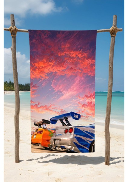 Skyline Gün Batımı Pamuk Plaj Havlusu – Desenli Tasarım – 75X150 cm