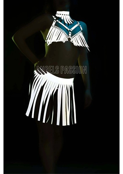 Karanlıkta Parlayan Püsküllü Etekli Seksi Harness Takım - APFT482