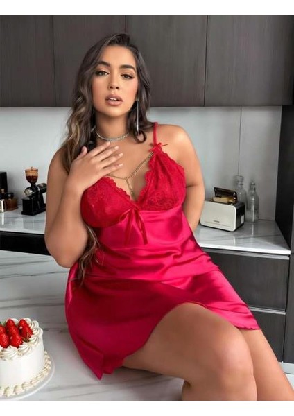 Büyük Beden Kırmızı Dantel Işlemeli Saten Gecelik