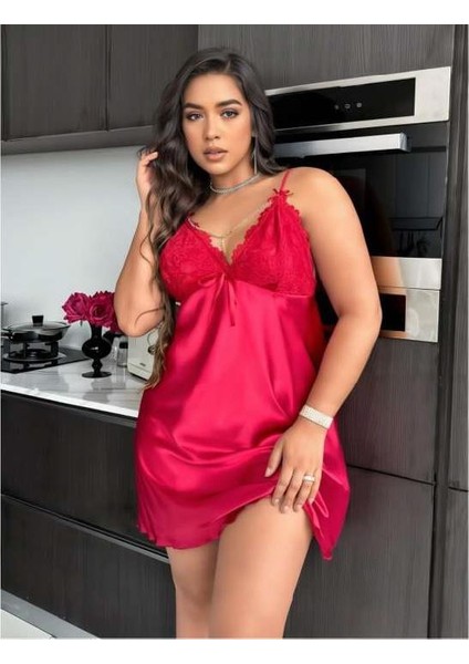 Büyük Beden Kırmızı Dantel Işlemeli Saten Gecelik fiyatları