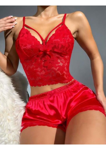 Kırmızı Dantelli Büstiyer Ince Askılı Saten Şortlu Takım