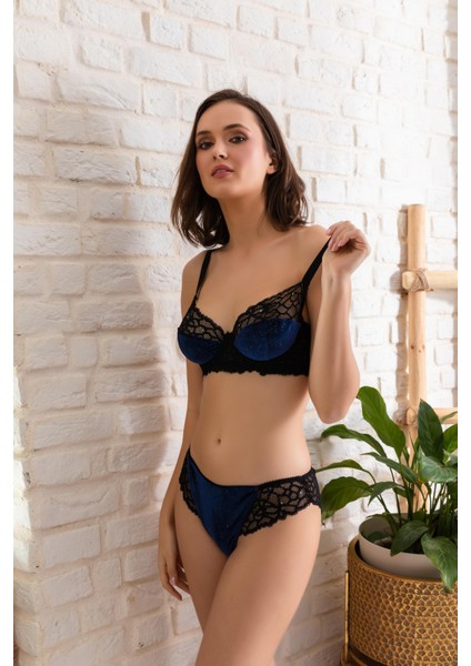 Kadife Sütyen ve Slip Külot Takım Lacivert (MGP32141)