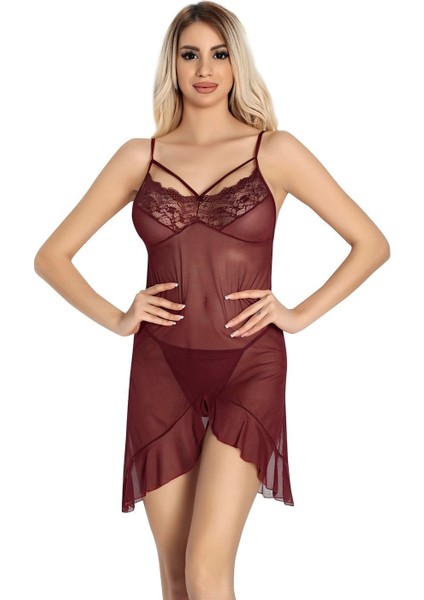 Bordo Dantel Işlemeli Göğüs Ip Detaylı Fantezi Tül Gecelik