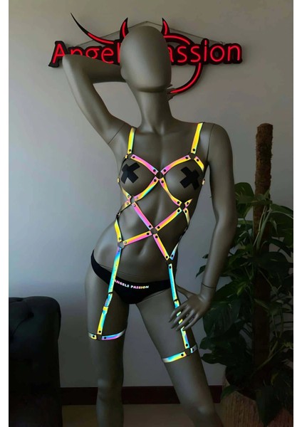 Pole Dans Giyim Işıkla Yansıyan Seksi Harness