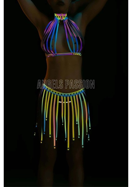 Püsküllü Renkli Reflektörlü Fantezi Elbise - Sexy Harness Iç Giyim - APFT584