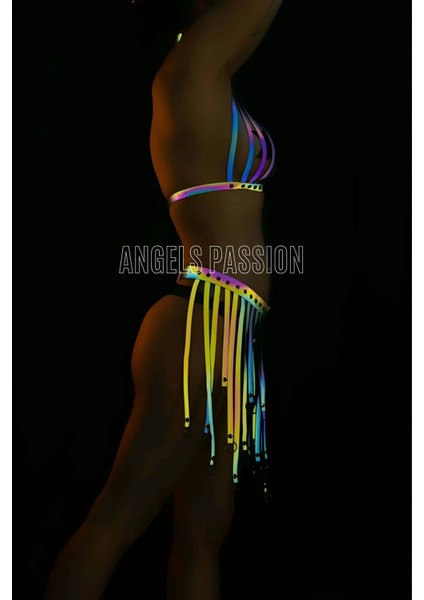 Püsküllü Renkli Reflektörlü Fantezi Elbise - Sexy Harness Iç Giyim - APFT584 modelleri