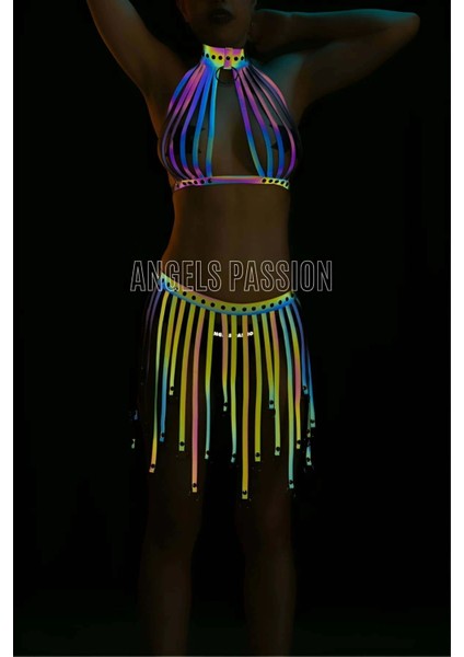 Püsküllü Renkli Reflektörlü Fantezi Elbise - Sexy Harness Iç Giyim - APFT584 fırsatları