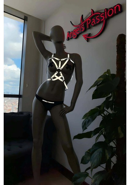 Dansçı Kostümleri Beyaz Reflektörlü Seksi Göğüs Harness - APFT107 fırsatları