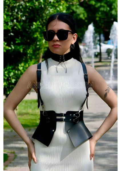 Elbise, T-Shirt ve Gömlek Üzeri Deri Şık Kemer ve Choker Takım - APFT622