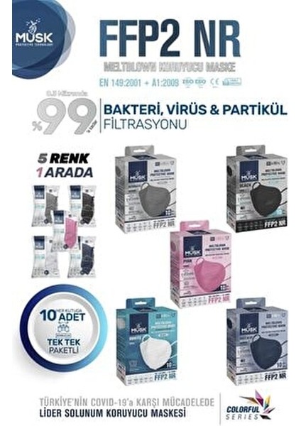 FFP2 Maske 50 Adet 5 Renkli Meltblown Filtre ile Konforlu Kullanım Sunar