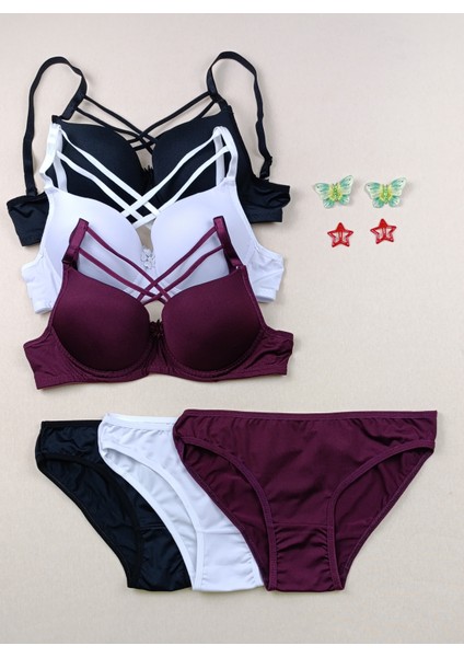 Içi Boş Kaplı Balenli Dolgusuz Çapraz Ipli 3'lü Sütyen ve Külot Iç Çamaşır Takımı ( Içi Boş )