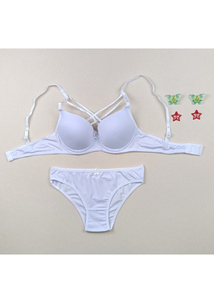 Içi Boş Kaplı Balenli Dolgusuz Çapraz Ipli 3'lü Sütyen ve Külot Iç Çamaşır Takımı ( Içi Boş )
