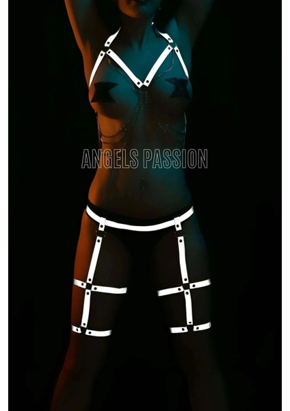 Erotik Giyim Dans Elbiseleri Reflektörlü Jartiyer Harness Takım - APFT497