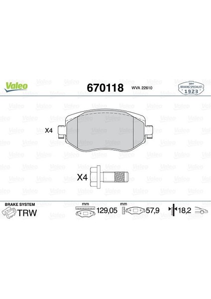 ÖN FREN BALATASI RENAULT MEGANE 4 2015 TÜM MOTOR TİPLERİ G:129MM Y:58.4 MM K:18MM 410603407R WVA22610 410605929R