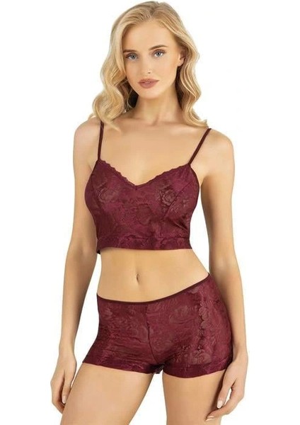 Bordo Saten Şort Takımı 9219