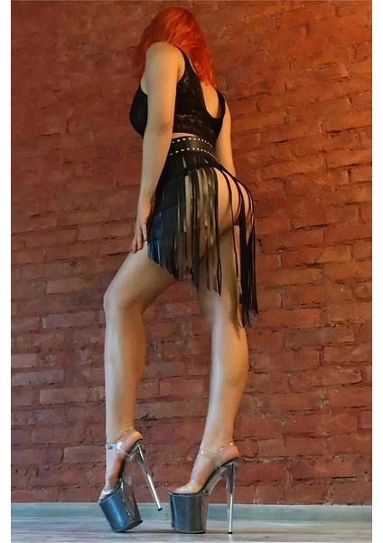 Dalgalı Püsküllü Deri Etek, Deri Püsküllü Etek, Partiwear, Festivalwear - APFT1328